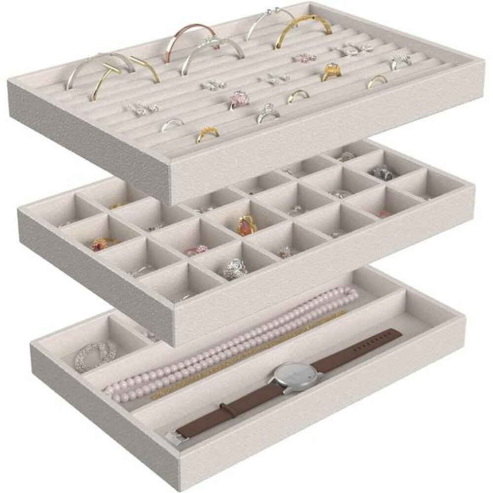 Stackable Velvet Jewelry Organizer Trays Set of 3 for Rings Earrings Necklaces